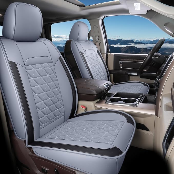 Coverado Car Seat Covers Full Set, Waterproof RAM 1500 Seat Cover Compatible with 2002-2026 RAM 1500 2500 3500 Crew Double Mega Quad Cab with Flat Bench, Gray by COVERADOAUTO