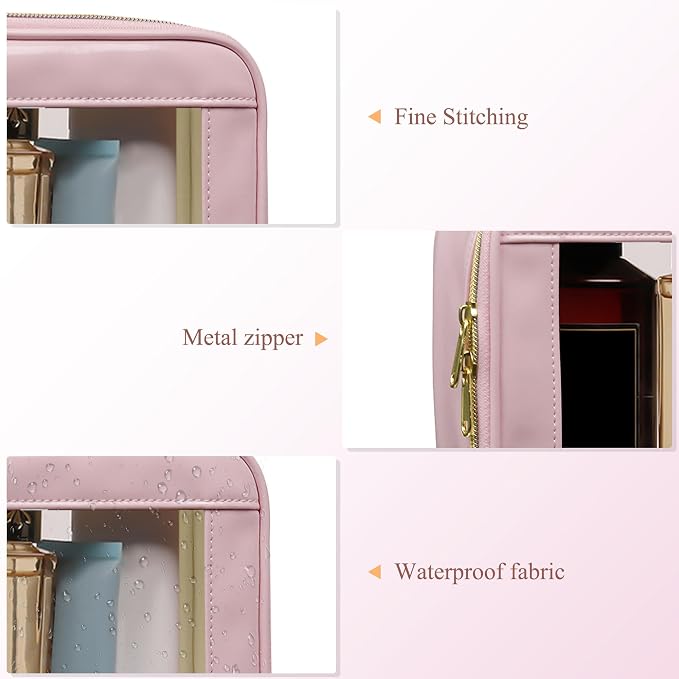 2-Piece Leather Clear Makeup Bags Set - Waterproof Clear Cosmetic Bag Case with Zipper, Transparent TSA Approved Toiletry Bag for Travel, Car Accessories for Women (Pink-2, Mini+Medium) - Image 3
