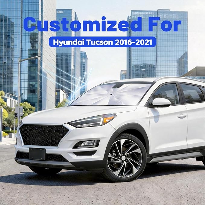 Car Windshield Sun Shade Umbrella for Hyundai Tucson 2016-2021, 1:1 Fit | [Reflective Coated Fabric] Car Shades Sun Visor Keep Car Cool and Protects Interior, Sunshade Umbrella for Front Window - Image 2