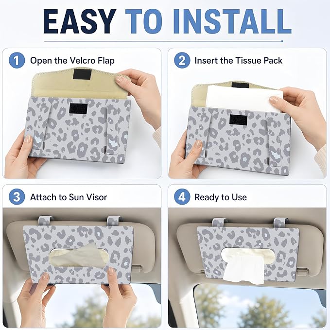 Car Tissue Holder, Cute Sun Visor Napkin Holder Backseat Tissue Case, PU Leather Tissue Box, Funny Car Accessories for Women Men Grey Cute Leopard - Image 3