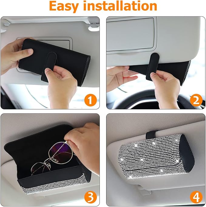 Osilly Bling Car Sunglass Holder for Sun Visor, Sparkling Crystal Leather Automotive Eyeglasses Mount Clip Organizer with Hidden Magnetic Closure for Men Women, Universal for SUV Truck Van（Red） - Image 4