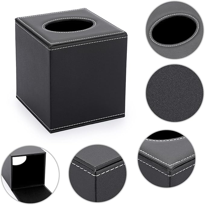 Sumnacon Square Tissue Box Cover,Magnetic Bottom PU Tissue Box Holder,Black | Elegant Cube Leather Tissue Box Covers,Decorative Tissue Box for Vanity Dresser Night Stand Table Countertop Office Car - Image 4