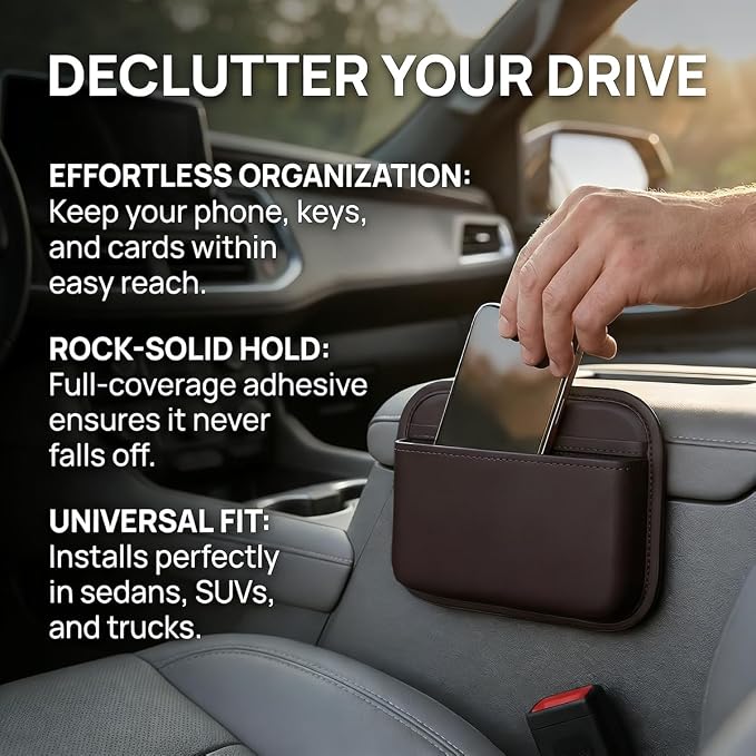 Car Seat Side Pocket Organizer, Self-Adhesive Leather Vehicle Seat Console Storage Pouch Box for Phones, Keys, Pens, Auto Interior Door Organizer Pocket Bag, Universal for Vehicles (Coffee) - Image 3
