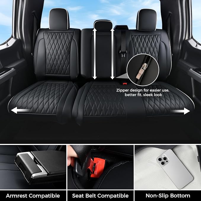 Coverado Premium Leather Full Set Seat Covers Waterproof Heavy-Duty Protectors Custom Fit for Ford F150 (2015-2026) F250/F350/F450 (2017-2026)-Black w/White Stitching, Wear-Resistant - Image 5