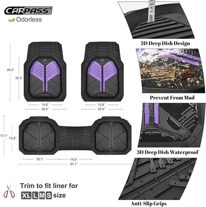 CAR PASS Heavy Duty Rubber Car Mats, Deep-Dish Car Floor Mats All Weather, Universal Two-Tone Trim-to-Fit for SUVs Trucks Sedans, Waterproof Anti-Slip, 3 Pieces V12 Black and Metallic Purple - Image 6
