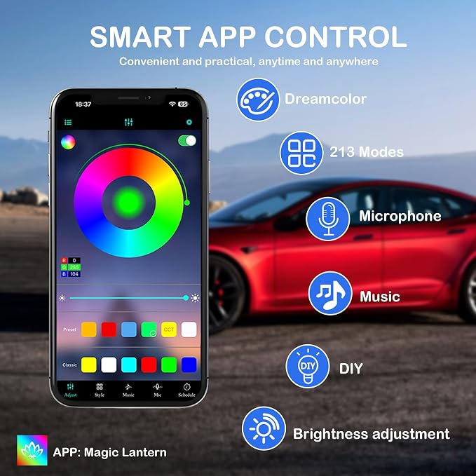 Acrylic Interior Car LED Strip Lights, USB Dreamcolor (10 in 1) | Acrylic LED Lights for Car with Wireless APP and Button Control, RGB Dynamic Chasing, Music Sync Ambient Lighting Kits - Image 4