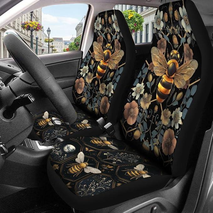 GENANY Honey Bee Car Seat Covers, 2-Piece Front Seat Set | 2-piece polyester front seat cover set, each 35 x 21 x 21 inches, with adjustable straps and hooks - Image 3