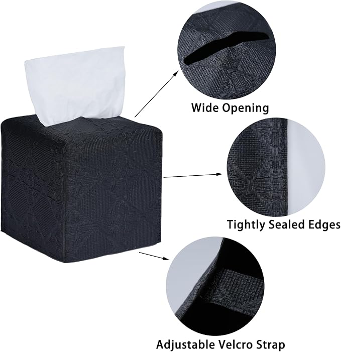 Tissue Box Cover 2-Pack, Square Tissue Holder with Bottom Belt, Modern Tissue Case Facial Paper Organizer Dispenser for Bathroom, Office, Home, Table, Car, Black, Linen Pattern - Image 2
