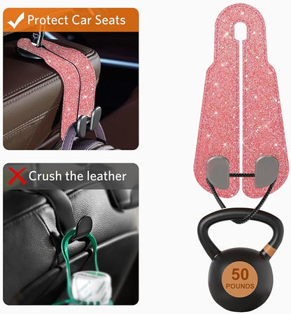 CoBak Purse Hook for Car - Universal Premium Stitched Leather and Aluminum-Magnesium Alloy Double Car Seat Back Storage Hook for Purses, Handbags, Bags (2 Pack),Fuchsia Glitter - Image 5