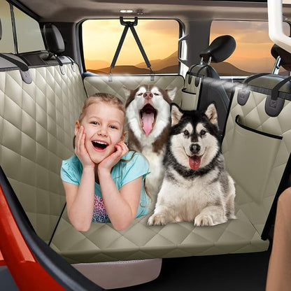 Dog Truck Seat Cover for Back Seat, Hard Bottom Pet Hammock, XL | for F150, RAM1500, Sierra, Tundra, Silverado Full-Size Crew Cab Trucks, Extender Space, Sturdy Oxford, Waterproof, Khaki by ROUWINNE