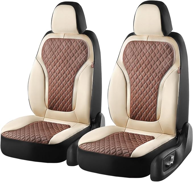 Coverado Front Seat Covers, Luxury Diamond Leather Car Seat Cover with Carbon Fiber Weave, Waterproof Car Seat Cover Driver Seat Cover Spill-Proof Design Universal Fit for Most Cars, Beige&Brown - Image 7