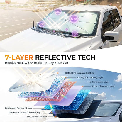 [2026 Upgraded] DooGooCoo Windshield Sun Shade Umbrella for GMC Sierra [100% Sunlight Blocked, Cooling Ice Crystal] Sunshade for Car Windshield for Sierra Sun Shade 2014-2026, Custom Fit for Sierra. - Image 4