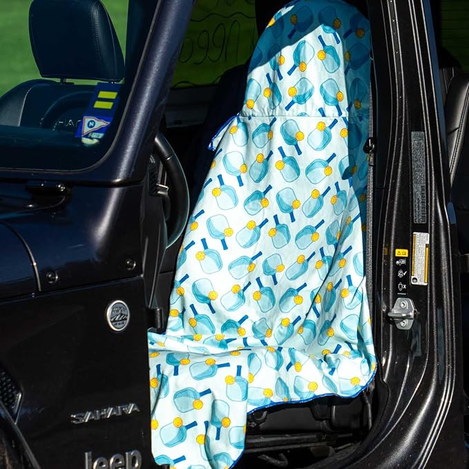ChalkTalkSPORTS Pickleball Car Seat Towel Cover - Microfiber - 30 x 60 | Microfiber Seat Protector, Moisture-Wicking, 30 x 60 Inches, Pull Cord Hood, Compact and Portable, Pickleball Lover Gift - Image 2