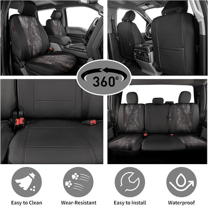 EKR F150 Seat Covers for (4 Door,SuperCrew) 2015-2020 Ford F150 & (CrewCab) 2017-2022 F250/F350/F450 SuperDuty Limited/King Ranch/Lariat/Platinum Full Set,Faux Leather(Black/Woodland Camo) - Image 2