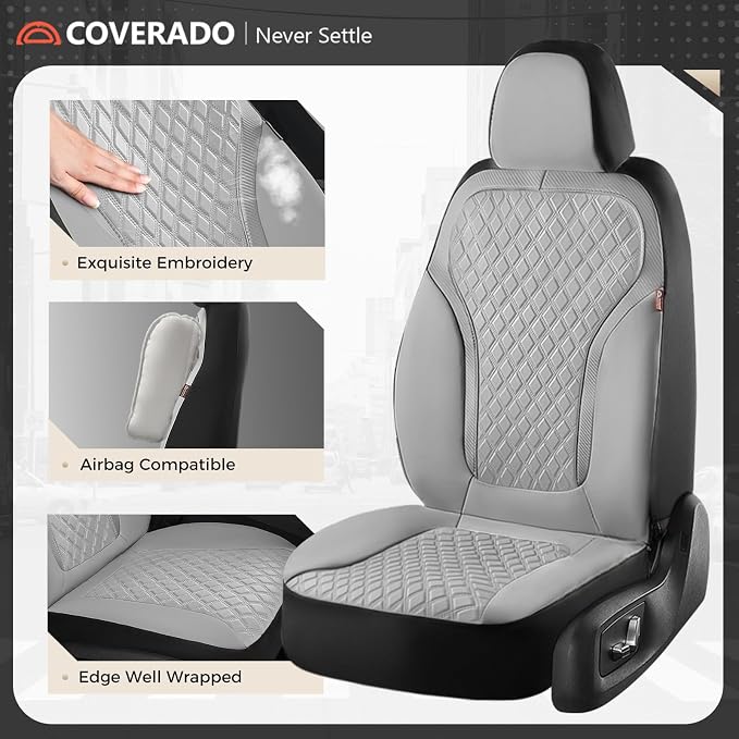 Coverado Car Seat Covers 5 Seats, Luxury Diamond Leather Seat Covers Full Set, Carbon Fiber Textured Design, Durable Waterproof Seat Protectors, Automotive Seat Covers Universal Fit Most Cars, Gray - Image 4