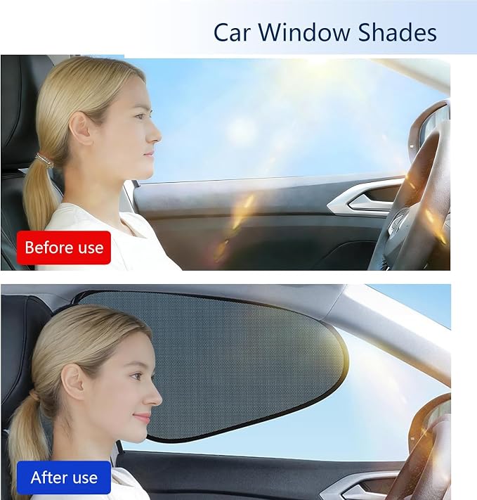 2 Pack Car Window Shades, Mesh Static Adsorption Side Window Sunshade, Anti-UV Glare Heat Protection, Foldable Universal Fit for Cars SUV Van，Before - Image 4
