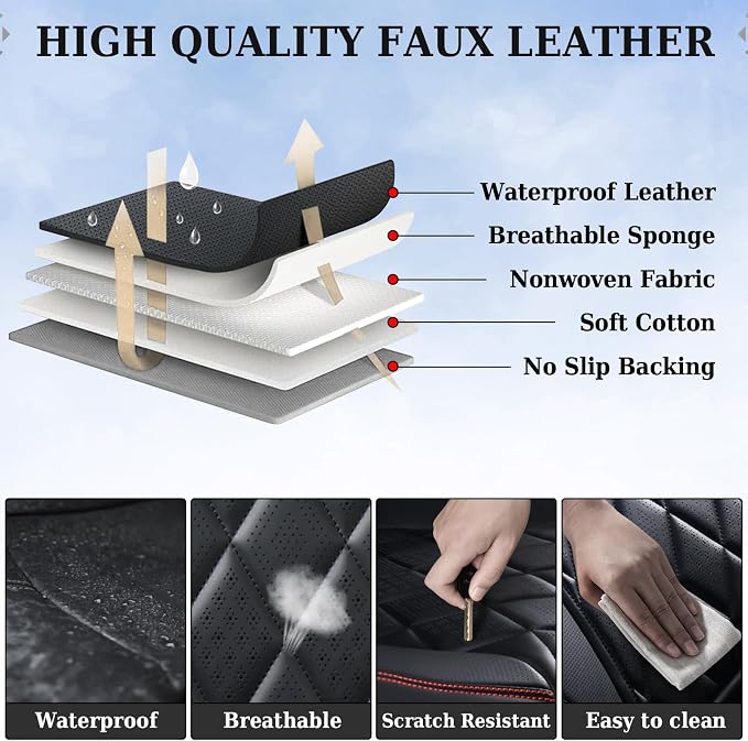 Coverado Seat Covers, Car Seat Cover Front Seats, 2-Pack Luxury Faux Leather Car Seat Covers, Waterproof Car Seat Protector, Black Seat Cover Front Seat Cover Universal Fit for Most Cars, Black&Red - Image 4