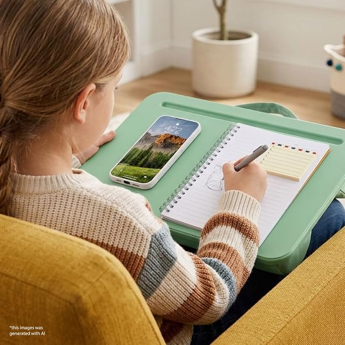 LAPGEAR Compact Lap Desk – Sage Green, Fits 14" Laptops | Microbead Cushion, Built-In Pencil Slot, Carry Handle, Fits Standard Letter-Size Paper (8.5" × 11") - Image 6