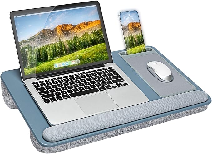 LAPGEAR Home Office Pro Lap Desk - Slate Blue, Fits 15.6” Laptops | Built-In Mouse Pad & Phone Slot, Wide Cushioned Wrist Rest, Dual-Bolster Microbead Cushion, Carry Handle by LapGear