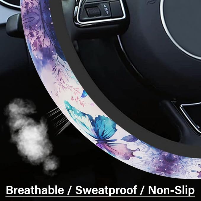 Purple FlowerSteering Wheel Cover Neoprene Material Most Cars Men&Women Universal 15 inch Premium Non-Slip Spring Steering Wheel Protector Floral Cute Car Accessories - Image 4