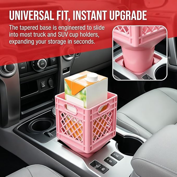 Half Gallon Car Cup Holder Expander, Pink | milk crate style, square drink jug fit, anti-spill mount, car interior accessories - Image 6