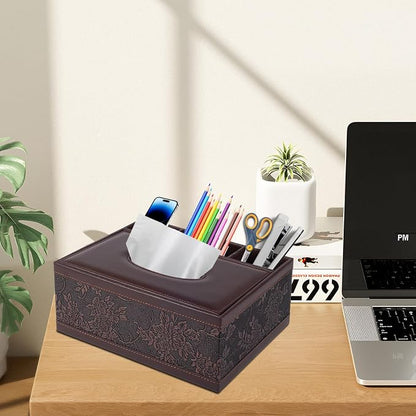 Tissue Box Cover Rectangle Retro Tissue Box Holder PU Leather Facial Tissues Organizer,Multifunctional Remote Control Stationery Storage Box,Home Office Supplies Car Napkin Caddy - Image 7