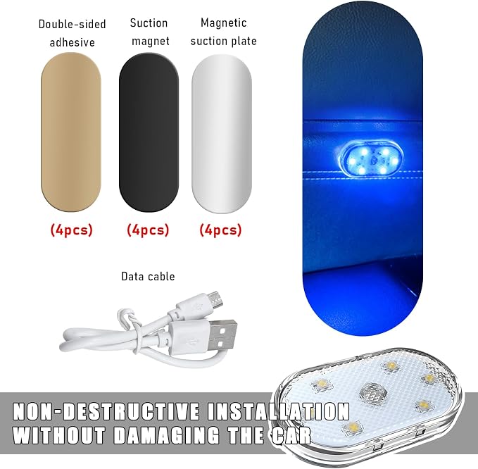 KVAEY 4 PCS Car LED Lights Interior Wireless, 7 Colors Magnetic Auto Ambient Light with 6 Bright LED Lamp Beads, Portable USB Rechargeable Vehicle Interior Led Night Light (Colorful, Magnetic, 4pcs) - Image 3