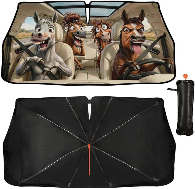 Socira Funny Horse Car Windshield Sun Shade Umbrella Foldable Sunshade | for Front Window Auto Windshield Sunshade Covers Horse Car Accessories Protect from Sun Rays Heat Gifts 57'' X 30'' - Image 9