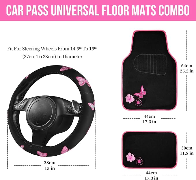 CAR PASS Embroidery Butterfly Steering Wheel Cover and Waterproof Car Floor Mats,Pink Car Mats 14.5-15inch Steering Wheel Covers Universal Fit for Cars, Suvs,Sedans,Van,for Women Girl(Black and Pink) - Image 5