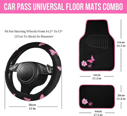 CAR PASS Embroidery Butterfly Steering Wheel Cover and Waterproof Car Floor Mats,Pink Car Mats 14.5-15inch Steering Wheel Covers Universal Fit for Cars, Suvs,Sedans,Van,for Women Girl(Black and Pink) - Image 5