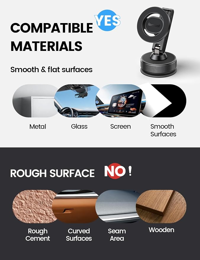 Lamicall Car Phone Holder Mount Ultra Nano Gel & 70+LBS Vacuum Suction Cup | 20X Strong Magnets 360° Phone Holders for Your Car Dashboard Windshield Car Mount for iPhone 17 16 15 Pro Max S26 S25 Black - Image 8
