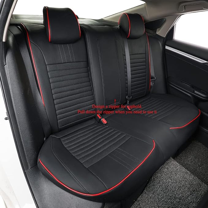 EKR Civic Seat Covers Custom Fit for Honda Civic (Hatchback) 2017 2018 2019 2020 2021 (Rear W/Armrest),Waterproof Leather Car Seat Cover Full Set,Faux Leather(Black with Red Trim) - Image 6