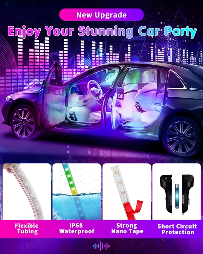 RGB 72 LED Interior Car Strip Lights with Smart APP Control, 2 Lines Design | Music Sync Under Dash Footwell Neon Internal Lighting,12V LED Strip Lights for Cars, Trucks, SUVs with Car Charger(1 Set) - Image 2