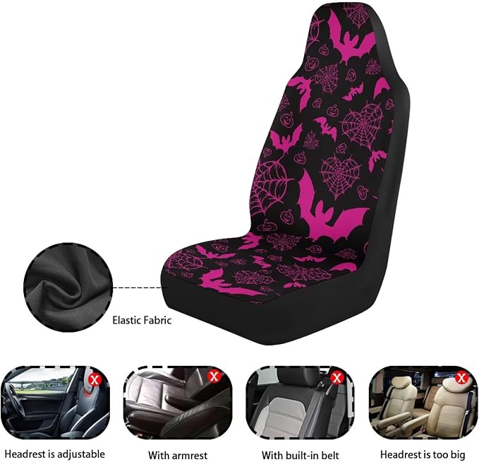 Pink Bats Car Seat Covers for Front Seats, Spider Web Breathable Seat Protectors, Set of 2, Universal Fit for Most Cars, SUVs and Sedans - Image 6