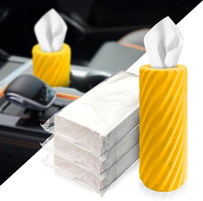 Car Tissue Holder, Refillable Round Cylinder with 3 Tissue Packs, Universal Fit for Vehicle Cup Holder, Home & Office, Car Accessories Interior (Yellow) by Unknown