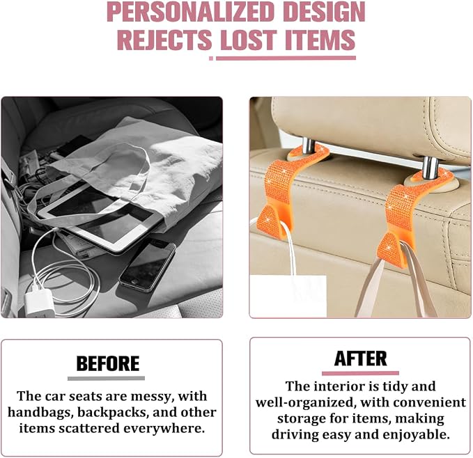 4PCS Bling Car Seat Headrest Hook, Crystal Rhinestone Backseat Hanger Organizer for Purse Handbag Umbrella, Shiny Auto Interior Seat Back Storage Holder Hook, Universal Fit (Orange) - Image 6