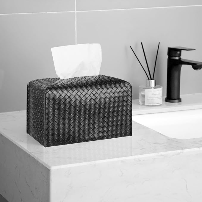 Tissue Box Cover Square Leather Facial Paper Holder, Black | PU Leather，Easy to Fill, Easy Clean, Decorative Cube Tissue Box Holder for Office, Bathroom,Kitchen, Living room, Guest room - Image 3