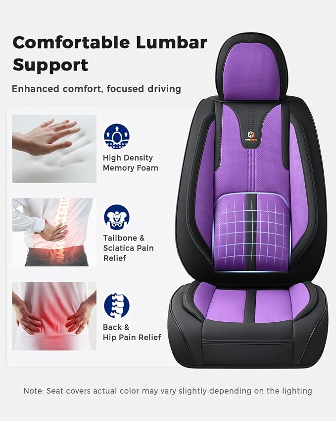 Huidasource Front Car Seat Cover Luxury Nappa Leather, Leather Front Seat Covers with Airbag, Front Storage Pocket, Lumbar Support, Cooling＆Heating Universal Fit for Most Cars SUV Trucks, Black&Purple - Image 3