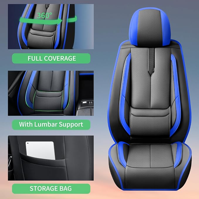 Fit Frontier Car Seat Covers for Nissan Frontier 2009-2025 2026 -Upgraded Premium Waterproof & Breathable Leather,Airbag Compatible,All-Weather Seat Cushion Protector,Full Set,Black-Blue - Image 8
