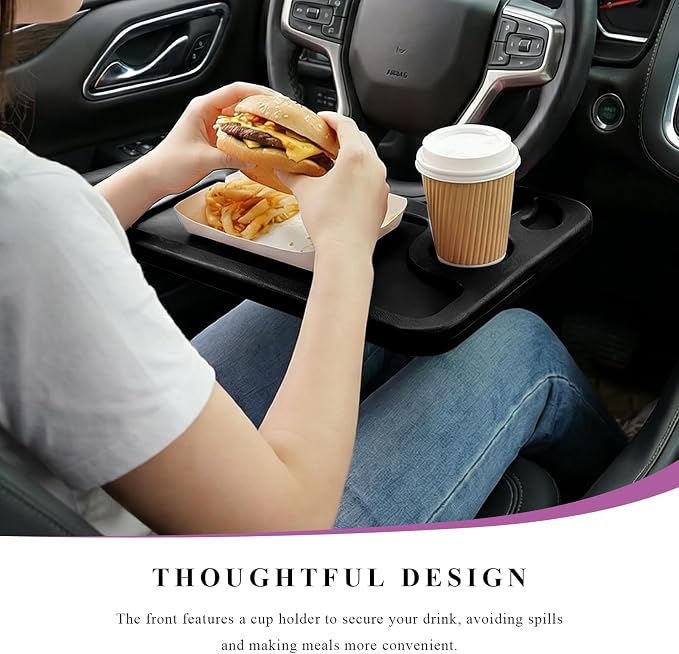 Car Steering Wheel Desk, 2 in 1 Multipurpose Auto Seat Stand Tray for Food Drink Laptop, Portable Double Sided Vehicle Steering Wheel Table for Eating & Work, Car Accessories (Black) - Image 4