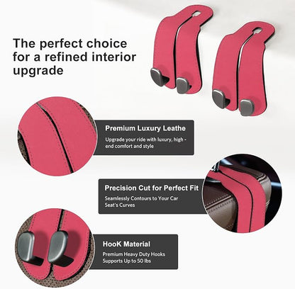 CoBak Purse Hook for Car - Universal Premium Stitched Leather and Aluminum-Magnesium Alloy Double Car Seat Back Storage Hook for Purses, Handbags, Bags (2 Pack),Raspberry - Image 3