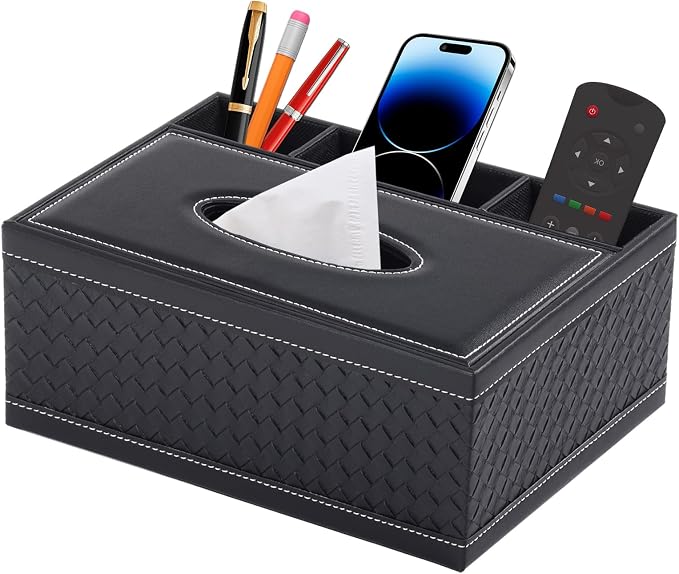 Tissue Box Cover Rectangle Black Tissue Box Holder PU Leather Facial Tissue Organizer,Multifunctional Remote Control Stationery Storage Box,Home Office Supplies Car Napkin Caddy by XNONE