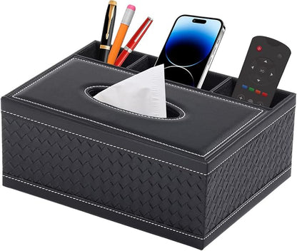 Tissue Box Cover Rectangle Black Tissue Box Holder PU Leather Facial Tissue Organizer,Multifunctional Remote Control Stationery Storage Box,Home Office Supplies Car Napkin Caddy by XNONE