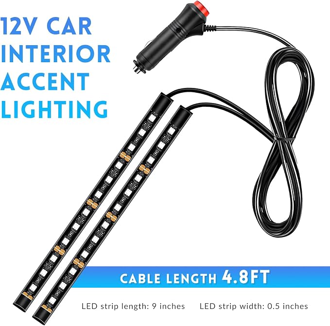 Car LED Strip Light, 12V 24 LEDs RGB Car Atmosphere Lamp with Cigarette Adapter Plug, Vehicle Under Dash Floor Ambient Night Decorative Lighting Kit (Ice Blue) - Image 2