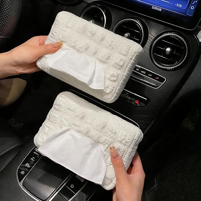 Beige White Car Tissue Holder, Car Standard Tissue Holder, Multi-Functional Car Tissue Boxes, Soft Puff Fabric with Adjustable Elastic Band, Keep Car Tidy, for Sun Visor, Backseat, Armrest - Image 4