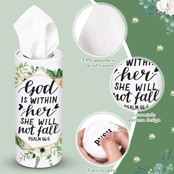 Outus 12 Pcs Greenery Christian Car Tissues Cylinder Holder with 3 Ply Facial Tissue Bulk Eucalyptus Leaves Religious Tissue Holder Travel Tissues Boxes Container for Home Wedding Party Supplies - Image 3