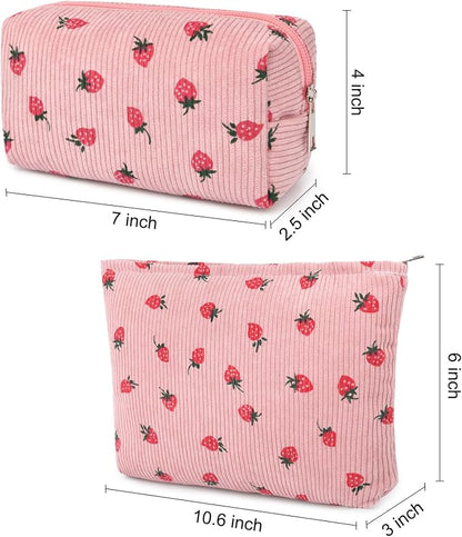 SOIDRAM 2 Pcs Makeup Bag Large Cosmetic Bag Toiletry Bag Makeup Pouch Travel Bag Organizer Cute Makeup Brushes Aesthetic Accessories Storage Bag for Women Pink Strawberry - Image 3