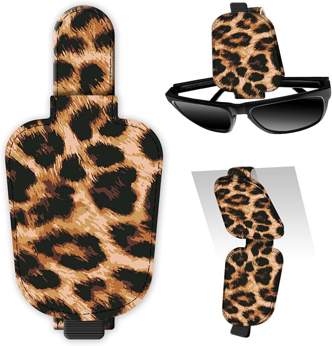 Leather Magnetic Sunglass Holder for Car Sun Visor, Cute Eyeglass Ticket Card Hanger Clip, Universal Auto Interior Accessories for SUV Pickup Truck Classic Leopard by Unknown