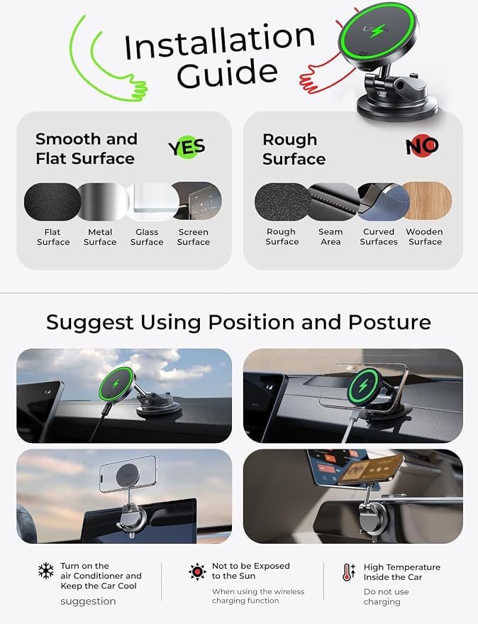 LISEN 15W MagSafe Car Mount Charger, Magnetic Wireless Car Phone Holder | [Easiest Mount] 96LBS Vacuum Suction Car Mount, 360° Magnetic Phone Holders for Your Car, for iPhone 17-12, Pixel 10, Samsung - Image 9