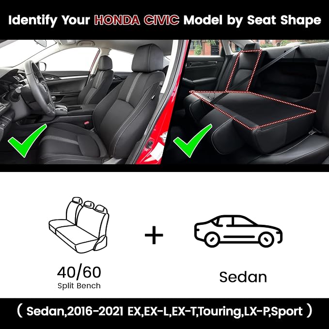 HKZ Custom Fit Civic Seat Covers for Honda Civic Sedan 2016 2017 2018 2019 2020 2021 EX,EX-L,EX-T,Touring,LX-P,Sport - 5-Seats Leather Full Set,Wine Red - Image 2